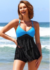 ROTITA Ring Decoration Contrast Black Lace Stitching Tankini Top-No Bottom