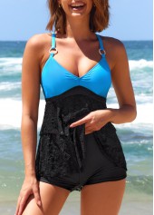 ROTITA Ring Decoration Contrast Black Lace Stitching Tankini Top-No Bottom