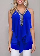 Royal Blue tops,Plain Color tops,ROTITA Embellished Neck Royal Blue Flounce Sleeveless T Shirt
