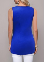 Royal Blue tops,Plain Color tops,ROTITA Embellished Neck Royal Blue Flounce Sleeveless T Shirt