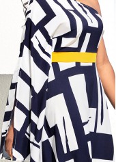 Geometric dresses,ROTITA One Shoulder Geometric Print Navy Blue Maxi Dress
