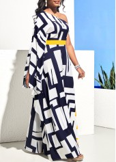 Geometric dresses,ROTITA One Shoulder Geometric Print Navy Blue Maxi Dress