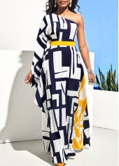 ROTITA One Shoulder Geometric Print Navy Blue Maxi Dress