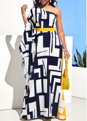 Geometric dresses,ROTITA One Shoulder Geometric Print Navy Blue Maxi Dress