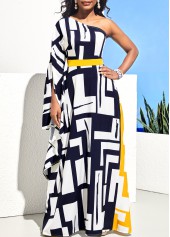 Geometric dresses,ROTITA One Shoulder Geometric Print Navy Blue Maxi Dress