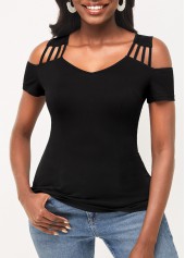 Black tops,Plain Color tops,ROTITA Cold Shoulder Black Short Sleeve T Shirt
