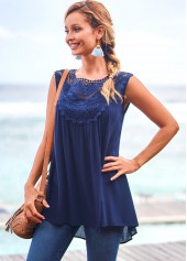Navy tops,Plain Color tops,ROTITA Wrinkel Fabric Embroidery Collar Patch Navy Blue Tank Top
