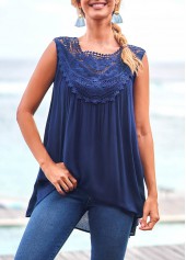 Navy tops,Plain Color tops,ROTITA Wrinkel Fabric Embroidery Collar Patch Navy Blue Tank Top