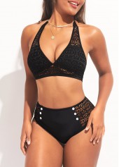 Black swimwear,Plain Color swimwear,ROTITA High Waisted Halter Black Hollow Out Bikini Set