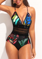 ROTITA Black Spaghetti Strap Lace Patchwork One Piece Swimwear