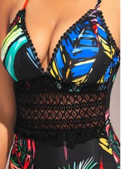 Black swimwear,Floral swimwear,ROTITA Black Spaghetti Strap Lace Patchwork One Piece Swimwear