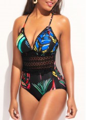 Black swimwear,Floral swimwear,ROTITA Black Spaghetti Strap Lace Patchwork One Piece Swimwear