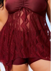 Wine Red plus size,Plain Color plus size,ROTITA Plus Size Wine Red Lace Swimdress Top