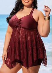 Wine Red plus size,Plain Color plus size,ROTITA Plus Size Wine Red Lace Swimdress Top