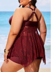Wine Red plus size,Plain Color plus size,ROTITA Plus Size Wine Red Lace Swimdress Top