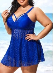 Blue plus size,Plain Color plus size,ROTITA Blue Plus Size Lace Stitching Swimdress Top