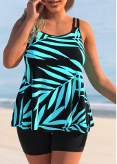 Plus Size Cyan Leaf Print Tankini Set