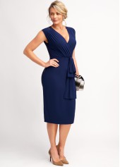 Navy dresses,Plain Color dresses,ROTITA Cap Sleeve Navy Blue V Neck Dress