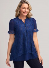 Navy tops,Plain Color tops,ROTITA Navy Blue Lace Stitching Split Neck T Shirt