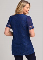 Navy tops,Plain Color tops,ROTITA Navy Blue Lace Stitching Split Neck T Shirt
