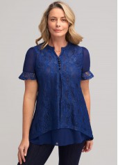 ROTITA Navy Blue Lace Stitching Split Neck T Shirt