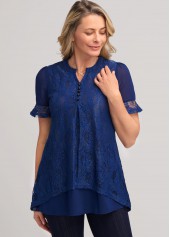 Navy tops,Plain Color tops,ROTITA Navy Blue Lace Stitching Split Neck T Shirt