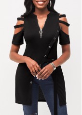 Black tops,Plain Color tops,Ladder Cutout Grommet Asymmetric Hem Black Blouse