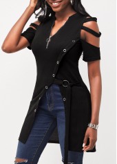 Black tops,Plain Color tops,Ladder Cutout Grommet Asymmetric Hem Black Blouse