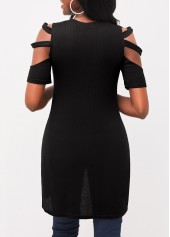 Black tops,Plain Color tops,Ladder Cutout Grommet Asymmetric Hem Black Blouse