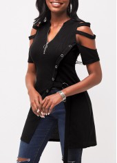 Black tops,Plain Color tops,Ladder Cutout Grommet Asymmetric Hem Black Blouse