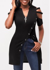 Ladder Cutout Grommet Asymmetric Hem Black Blouse
