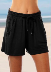 Black bottoms,Plain Color bottoms,ROTITA Black Mid Waist Drawstring Detail Loose Shorts