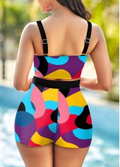 Multi Color swimwear,Geometric swimwear,ROTITA High Waist Geometric Print Wide Strap Bikini Set