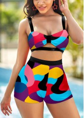 Multi Color swimwear,Geometric swimwear,ROTITA High Waist Geometric Print Wide Strap Bikini Set