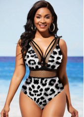ROTITA Fishnet Panel Leopard Black One Piece Swimwear