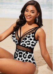 Black swimwear,Leopard swimwear,ROTITA Fishnet Panel Leopard Black One Piece Swimwear