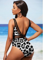 Black swimwear,Leopard swimwear,ROTITA Fishnet Panel Leopard Black One Piece Swimwear