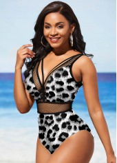 Black swimwear,Leopard swimwear,ROTITA Fishnet Panel Leopard Black One Piece Swimwear