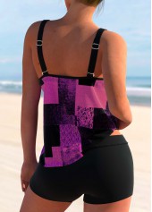 Purple swimwear,Geometric swimwear,ROTITA Geometric Print Purple Double Straps Tankini Top