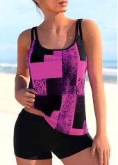 Geometric Print Purple Double Straps Tankini Set