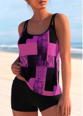 Purple swimwear,Geometric swimwear,ROTITA Geometric Print Purple Double Straps Tankini Top