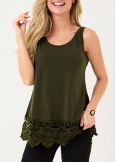 Plain Color tops,Lace Stitching Army Green Tank Top