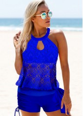Royal Blue swimwear,Plain Color swimwear,ROTITA Bib Neck Lace Stitching Tie Side Tankini Set