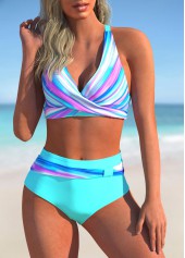 ROTITA Stripe Print Cross Strap Cyan Bikini Set