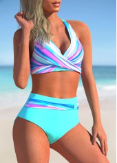 Cyan swimwear,Striped swimwear,ROTITA Stripe Print Cross Strap Cyan Bikini Set