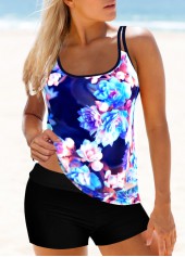 Blue Double Straps Floral Print Tankini Set