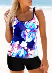 Blue swimwear,Floral swimwear,ROTITA Blue Double Straps Floral Print Tankini Top