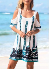 Cold Shoulder Chain Print White Beach Dress