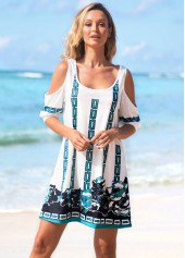 White swimwear,Tribal swimwear,Cold Shoulder Chain Print White Beach Dress