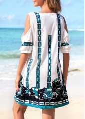 White swimwear,Tribal swimwear,Cold Shoulder Chain Print White Beach Dress